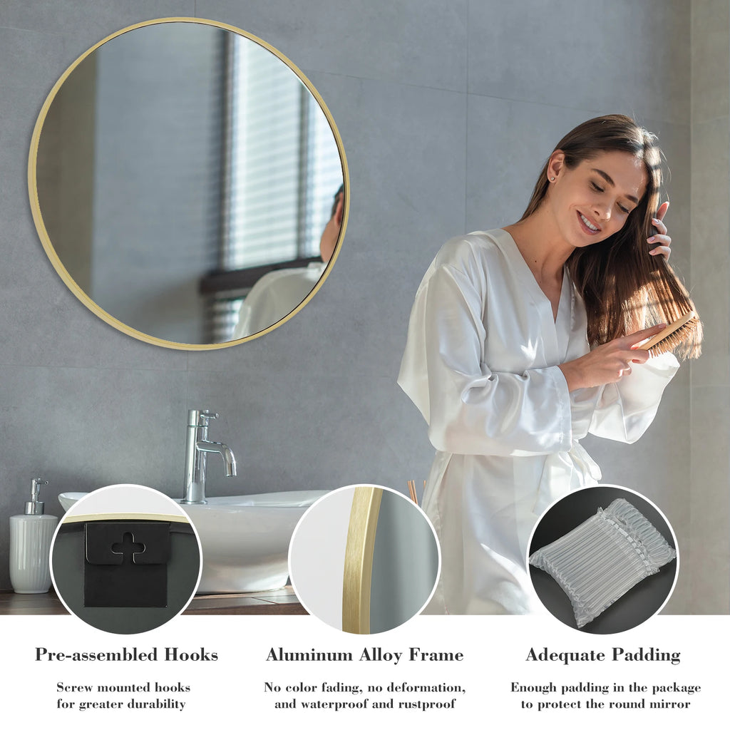 Round Wall Mirror – 30-Inch Gold Metal Frame