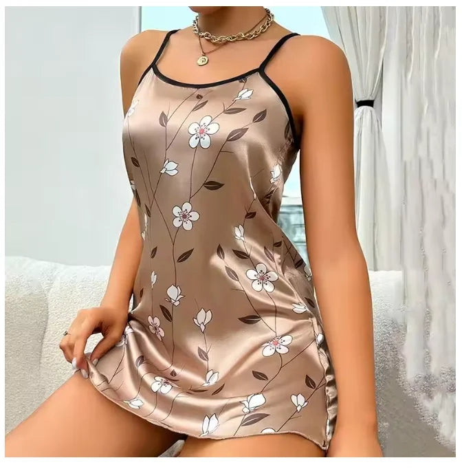 Women's Floral Satin Nightgown – Sleeveless Slip Dress