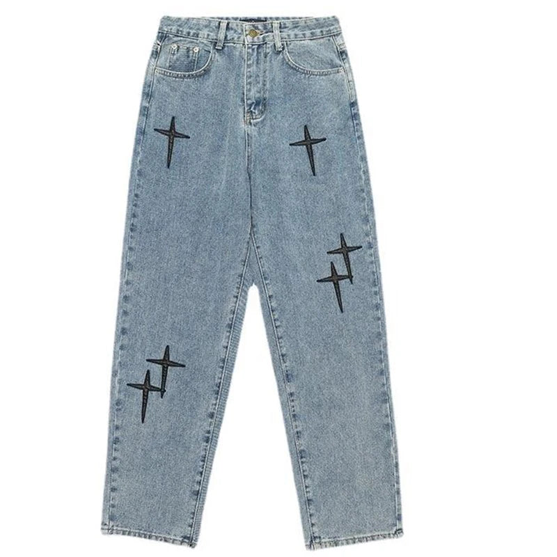 Men's Star-Print Jeans – Light-Wash Streetwear Denim