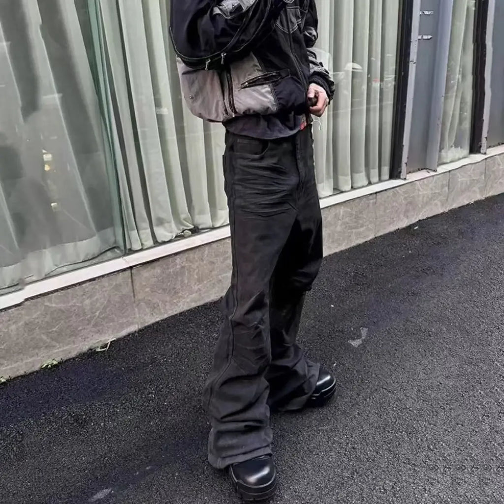 Men's Black Micro-Flare Jeans – Coated Gothic Streetwear
