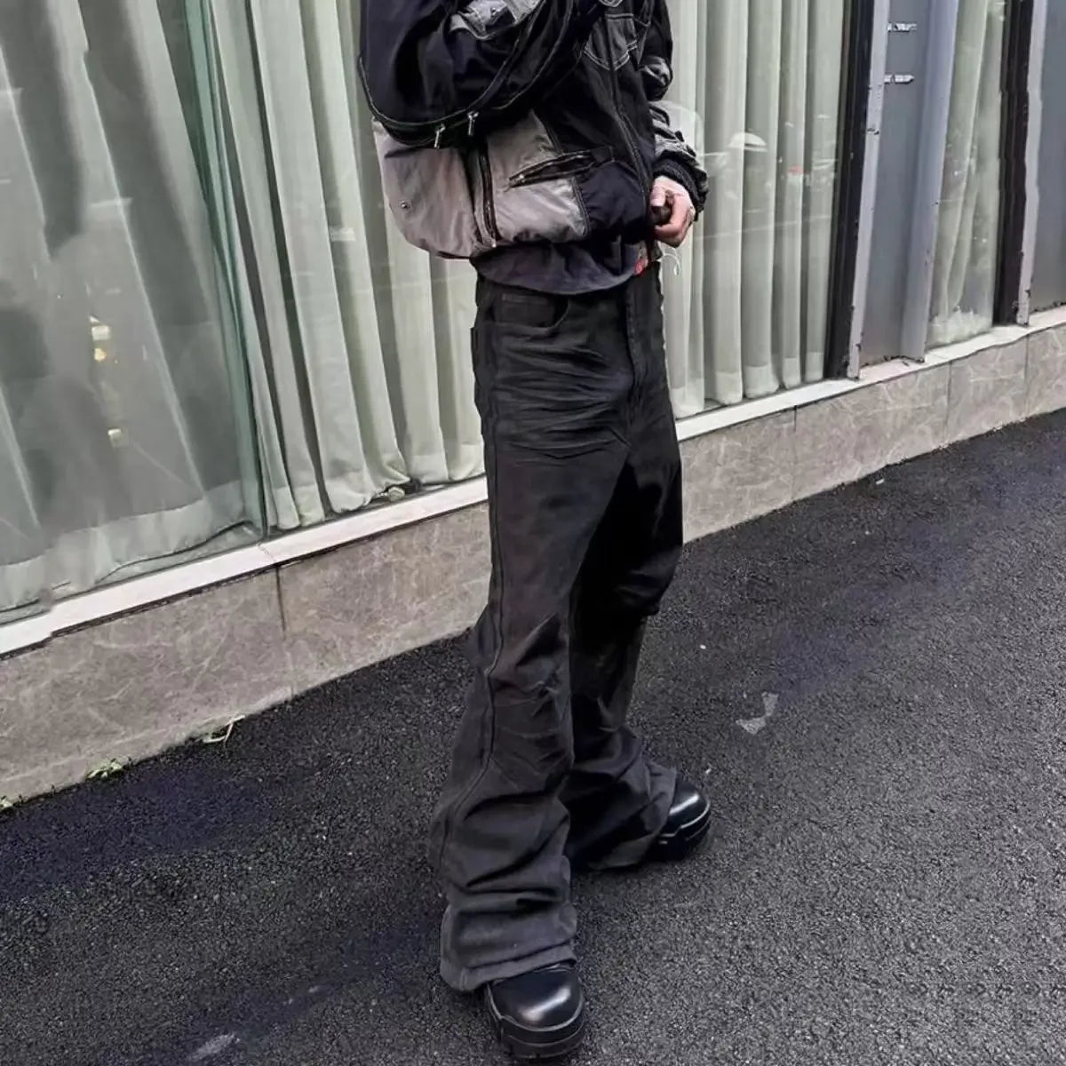 Men's Black Micro-Flare Jeans – Coated Gothic Streetwear