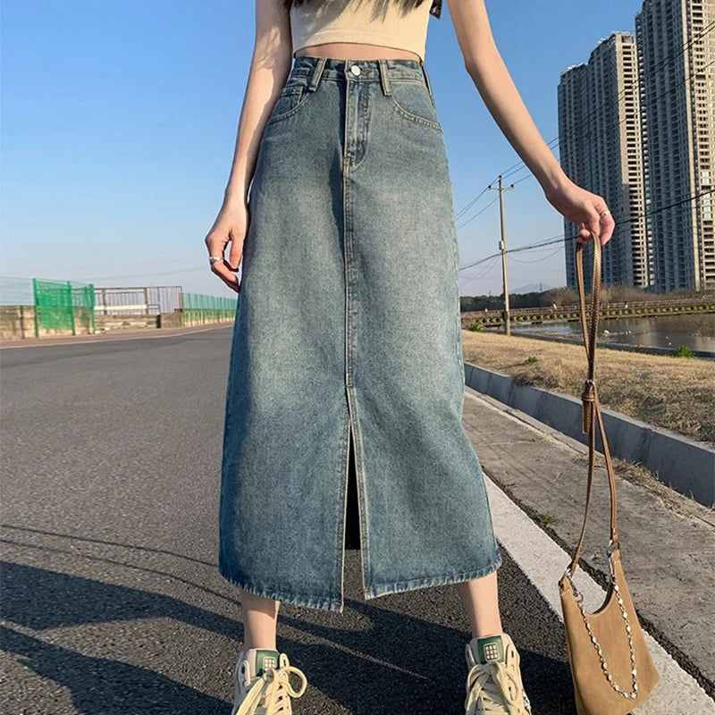 Denim midi skirt side