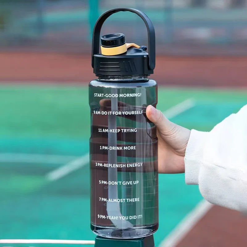 Large-Capacity Sports Water Bottle – Leak-Proof with Straw & Time Marker