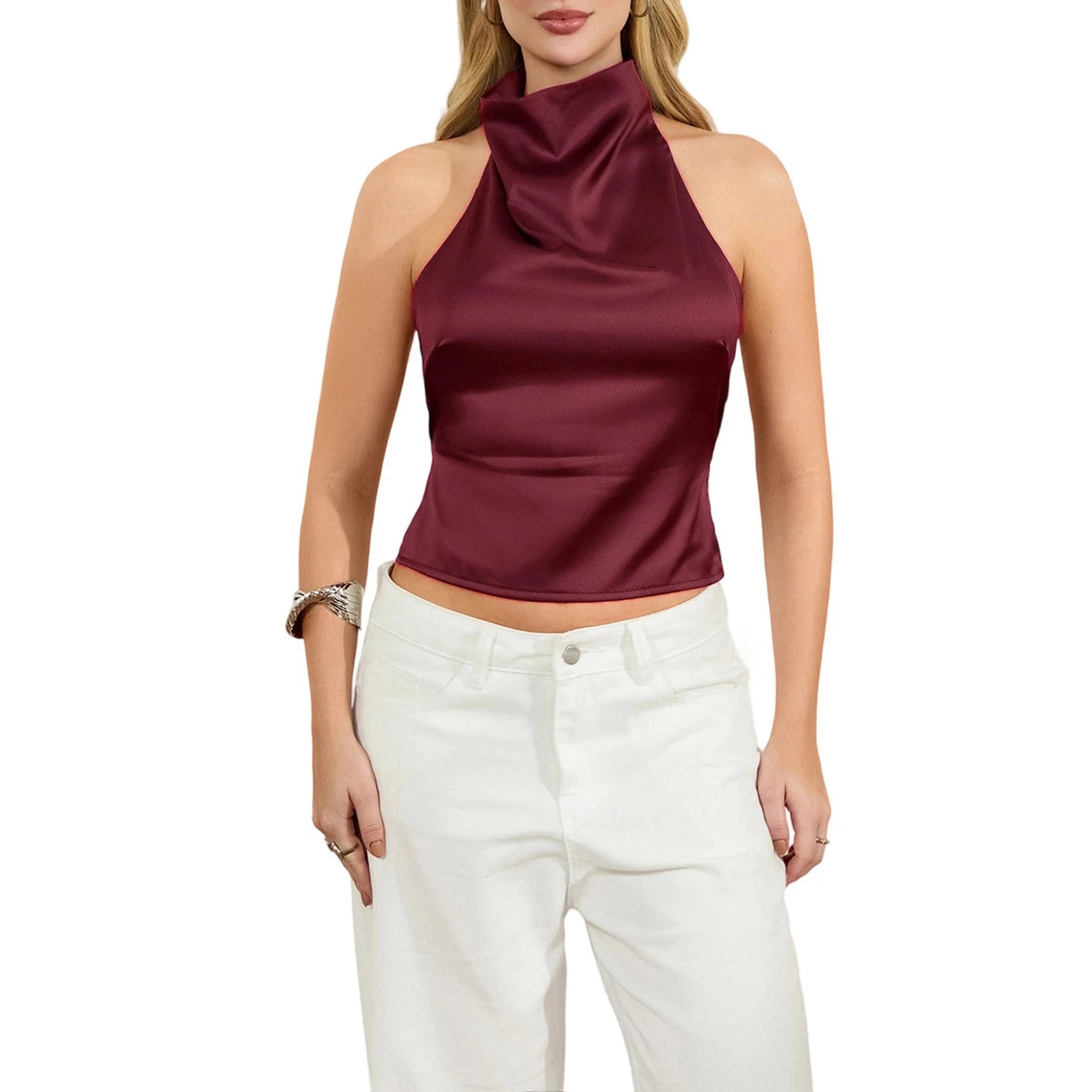 Women's Open-Back Halter Crop Top – Ruched Bow-Tie