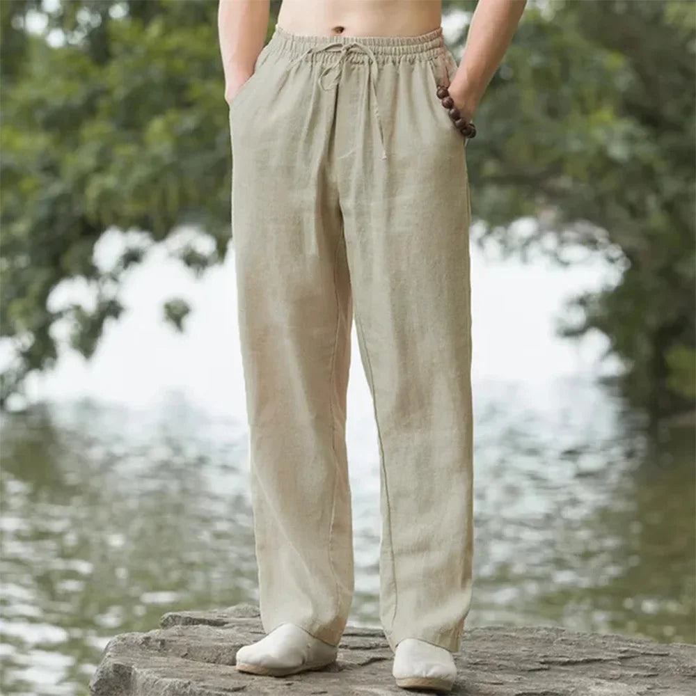 Cotton-linen drawstring joggers cream