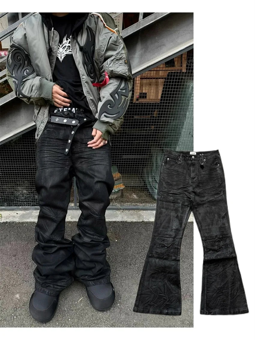Men's Black Micro-Flare Jeans – Coated Gothic Streetwear