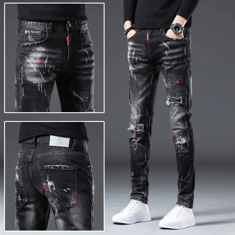 Men's Paint-Splatter Slim Jeans – Black Distressed Streetwear Denim
