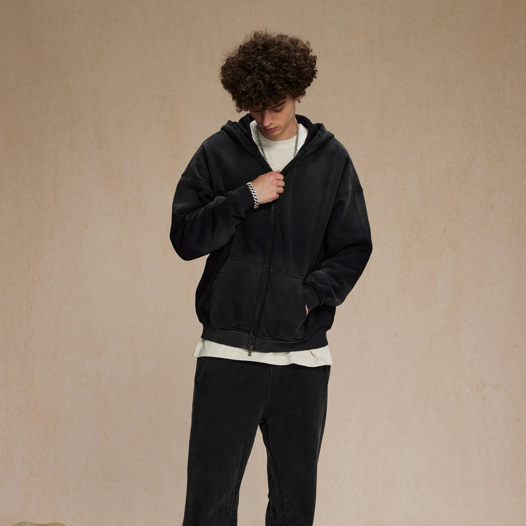 Men's Acid-Wash Zip Hoodie – Gradient Washed Oversized Streetwear