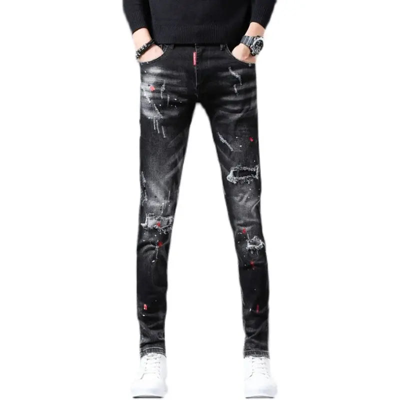 Men's Paint-Splatter Slim Jeans – Black Distressed Streetwear Denim