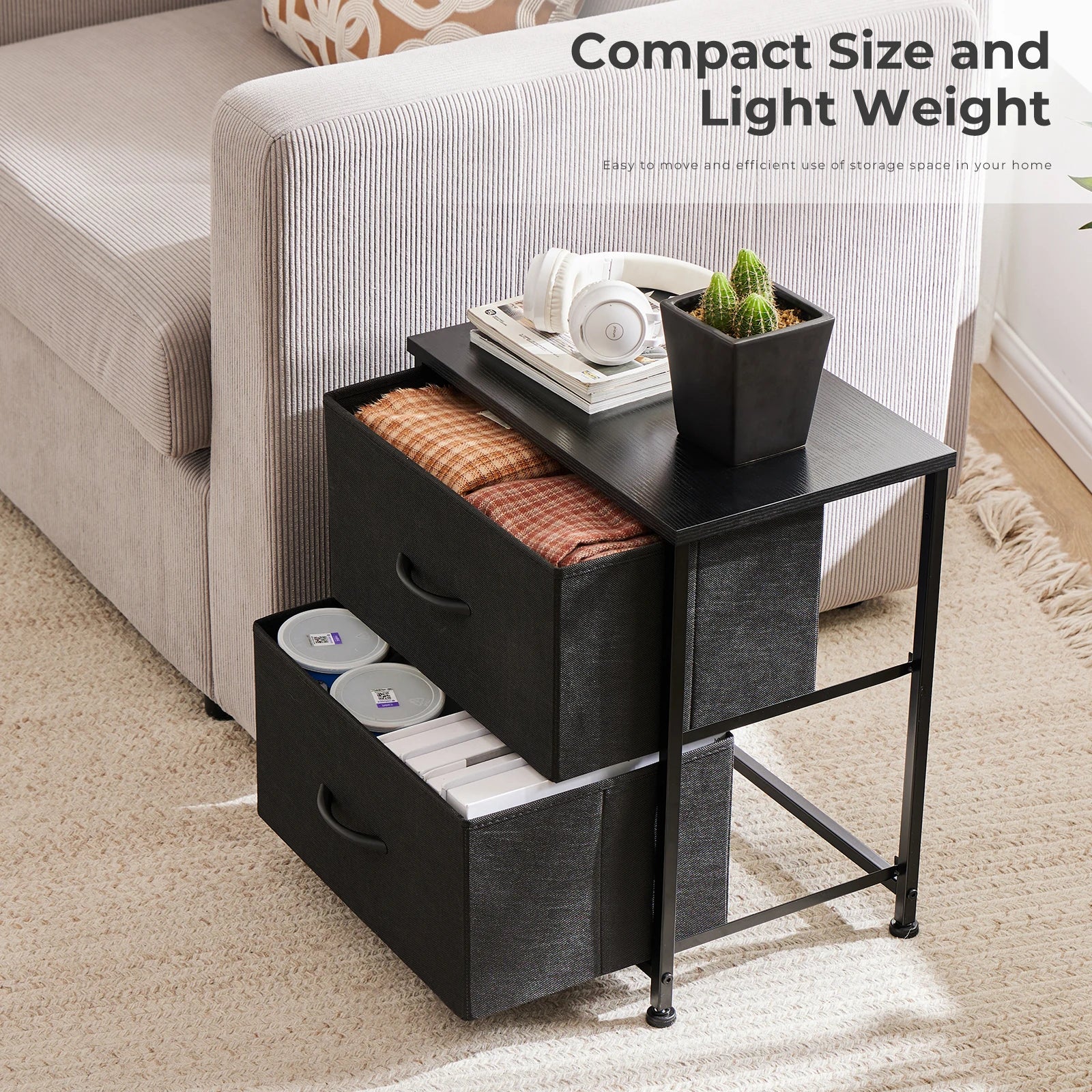 2-Drawer Nightstand – Fabric Bedside Table with Storage