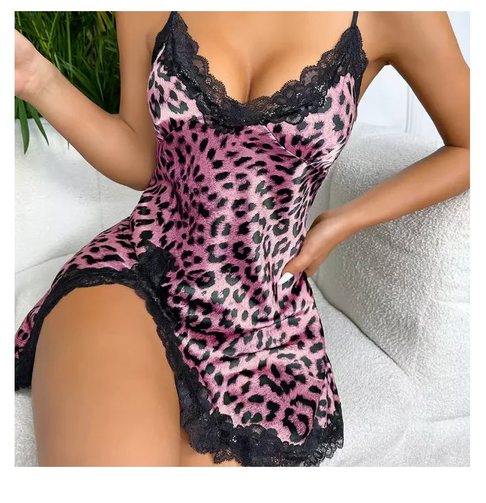Women's Leopard Lace Slip Nightdress – V-Neck Backless