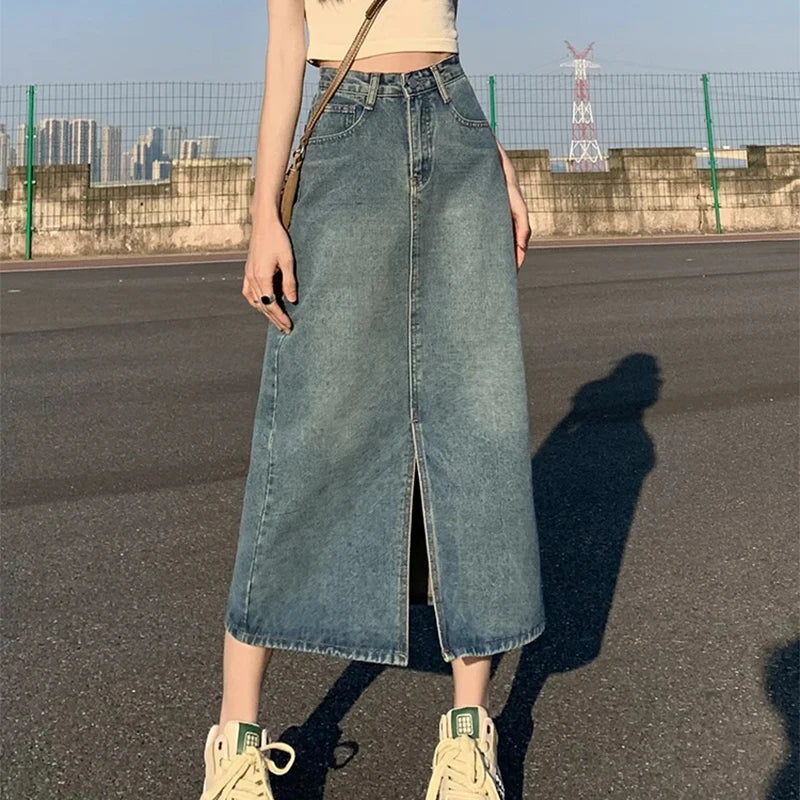 High-waist midi denim skirt front