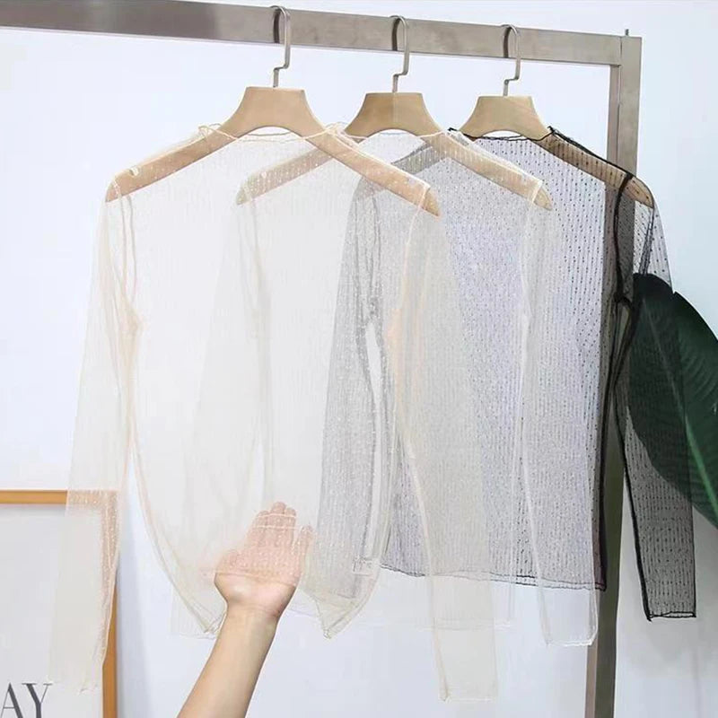Sheer Mesh Long-Sleeve Going-Out Top