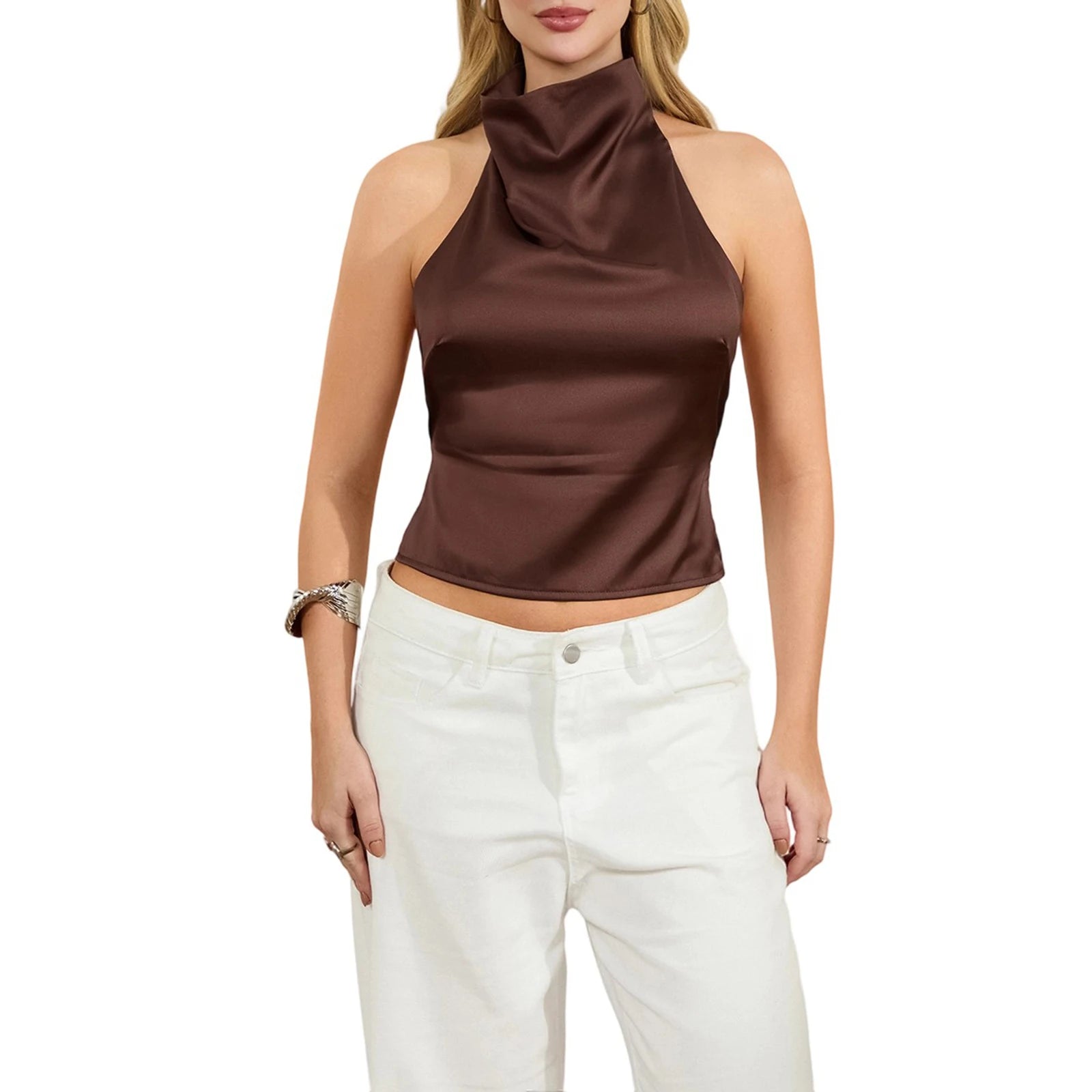 Women's Open-Back Halter Crop Top – Ruched Bow-Tie