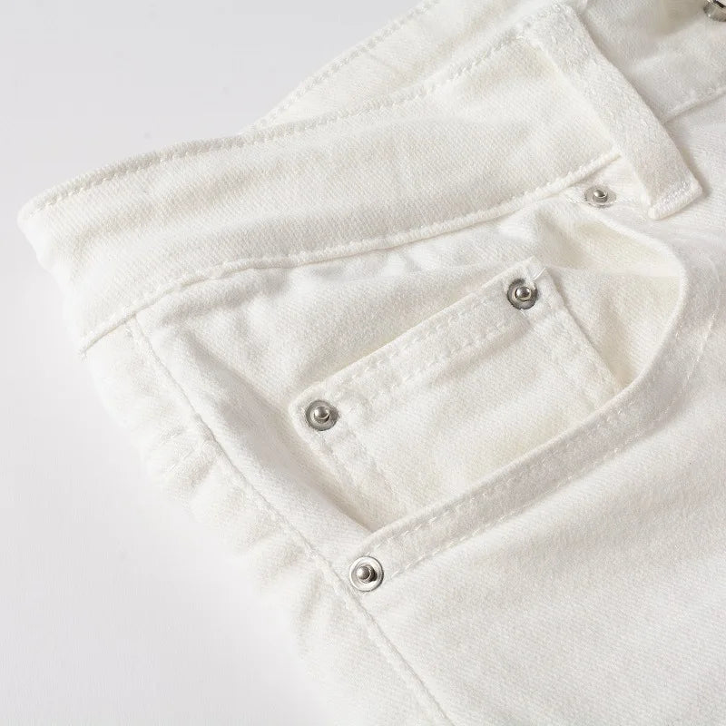 Men's Slim Biker Jeans – White Ribbed-Panel Denim