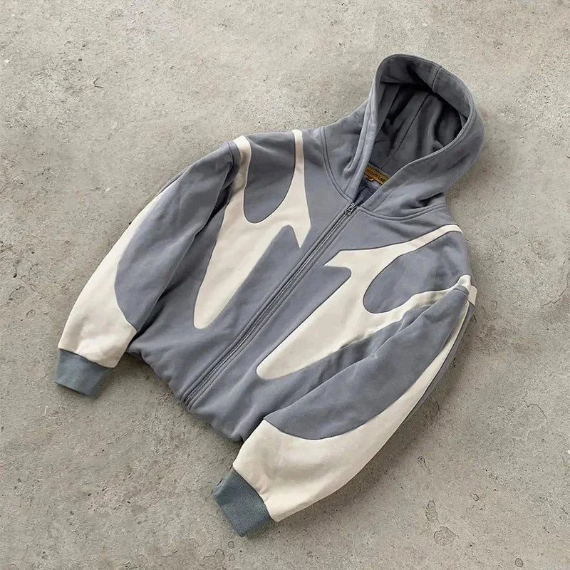 Men's Spliced Two-Tone Zip Hoodie – Contrast Panel Streetwear
