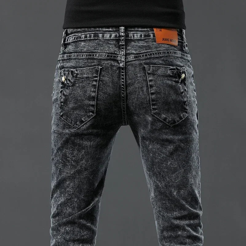 Men's Acid-Wash Slim Jeans – Snow-Wash Black Stretch Denim