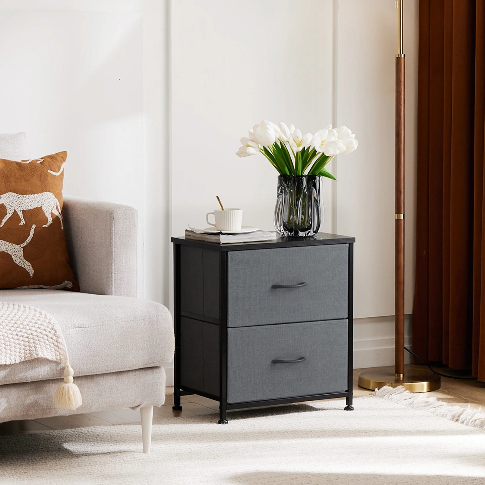 2-Drawer Nightstand – Fabric Bedside Table with Storage