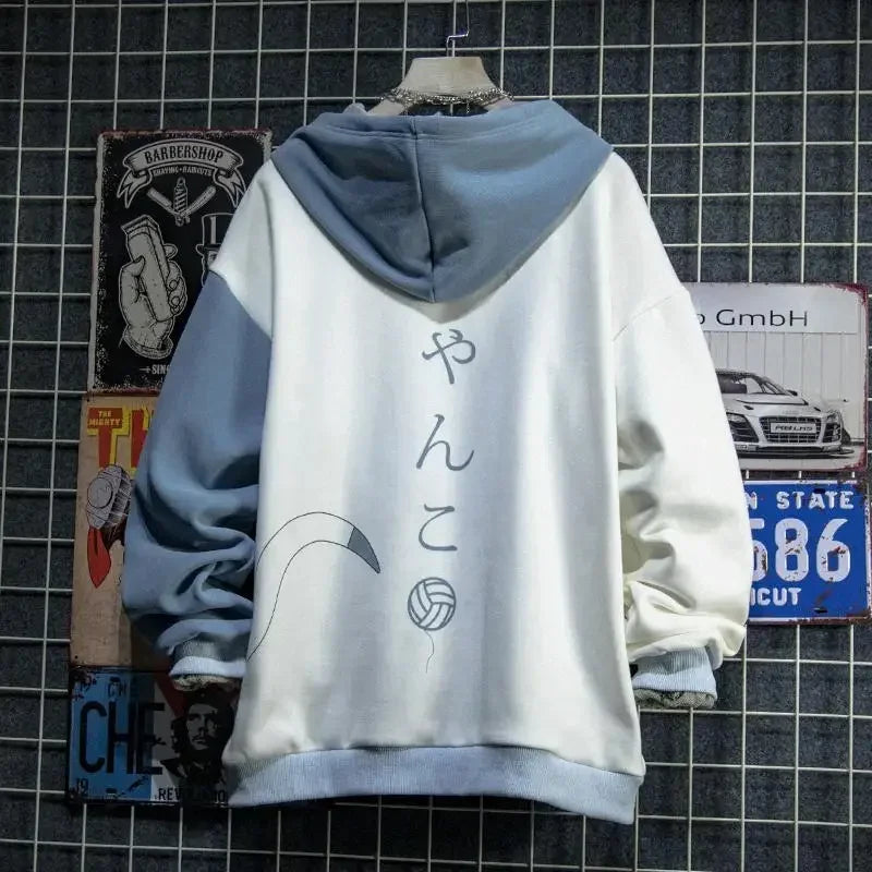 Men's Japanese Streetwear Hoodie – Kanji Cat Print Pullover