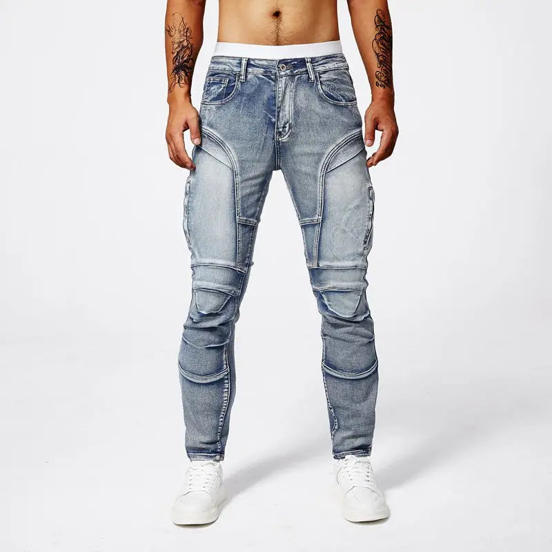 Men's Two-Tone Spliced Jeans – Colorblock Distressed Slim Denim