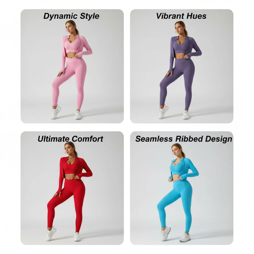 3-Piece Gym Set (Bra + Leggings + Zip Jacket)