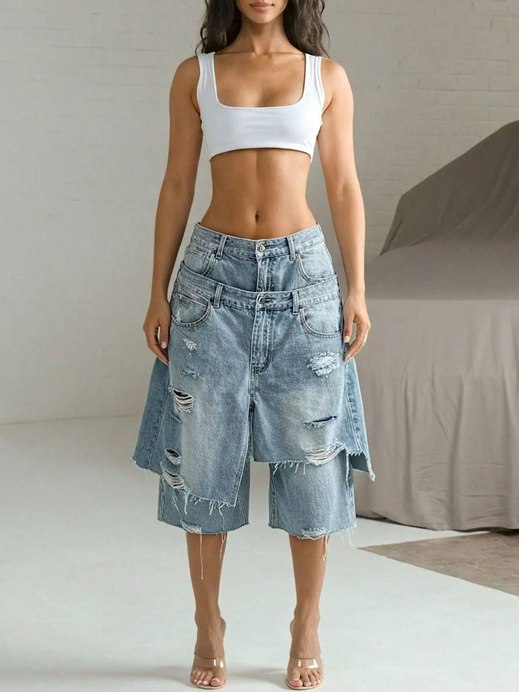 Frayed Denim Bermuda Shorts