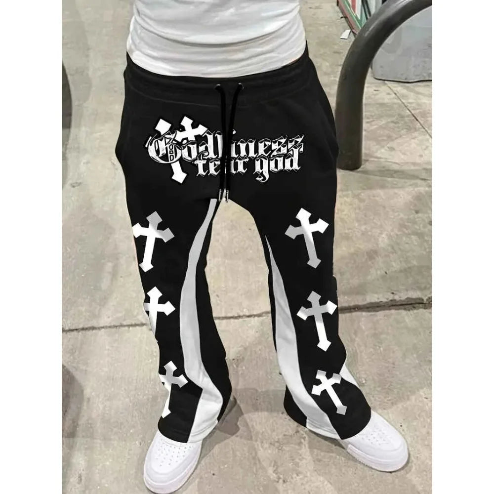 Men's Stacked Flare Joggers – Cross-Print Streetwear Sweatpants