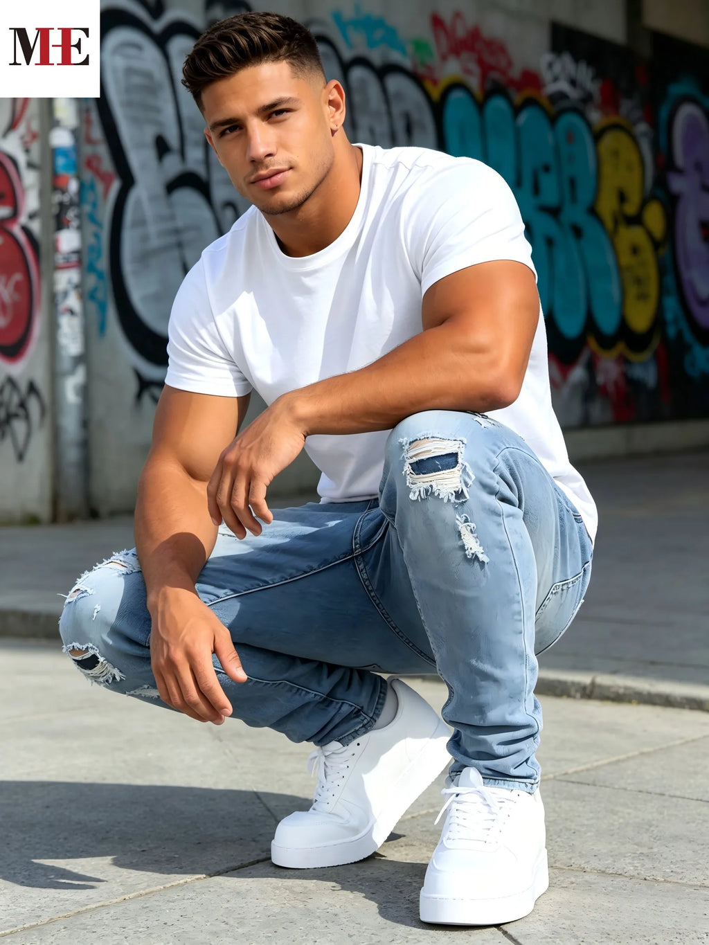 Men's Ripped Slim Jeans – Light-Wash Knee-Rip Denim