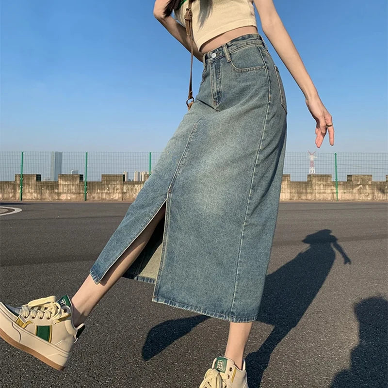Denim skirt slit detail