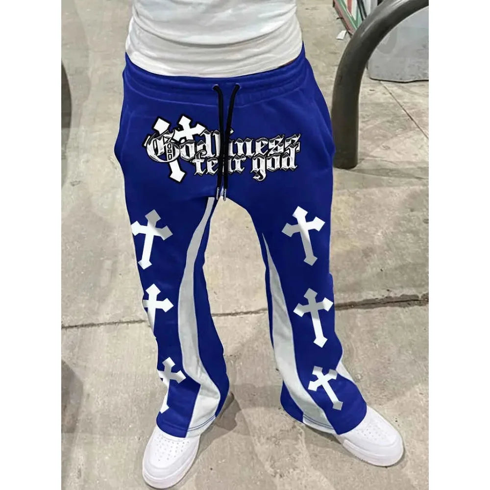 Men's Stacked Flare Joggers – Cross-Print Streetwear Sweatpants
