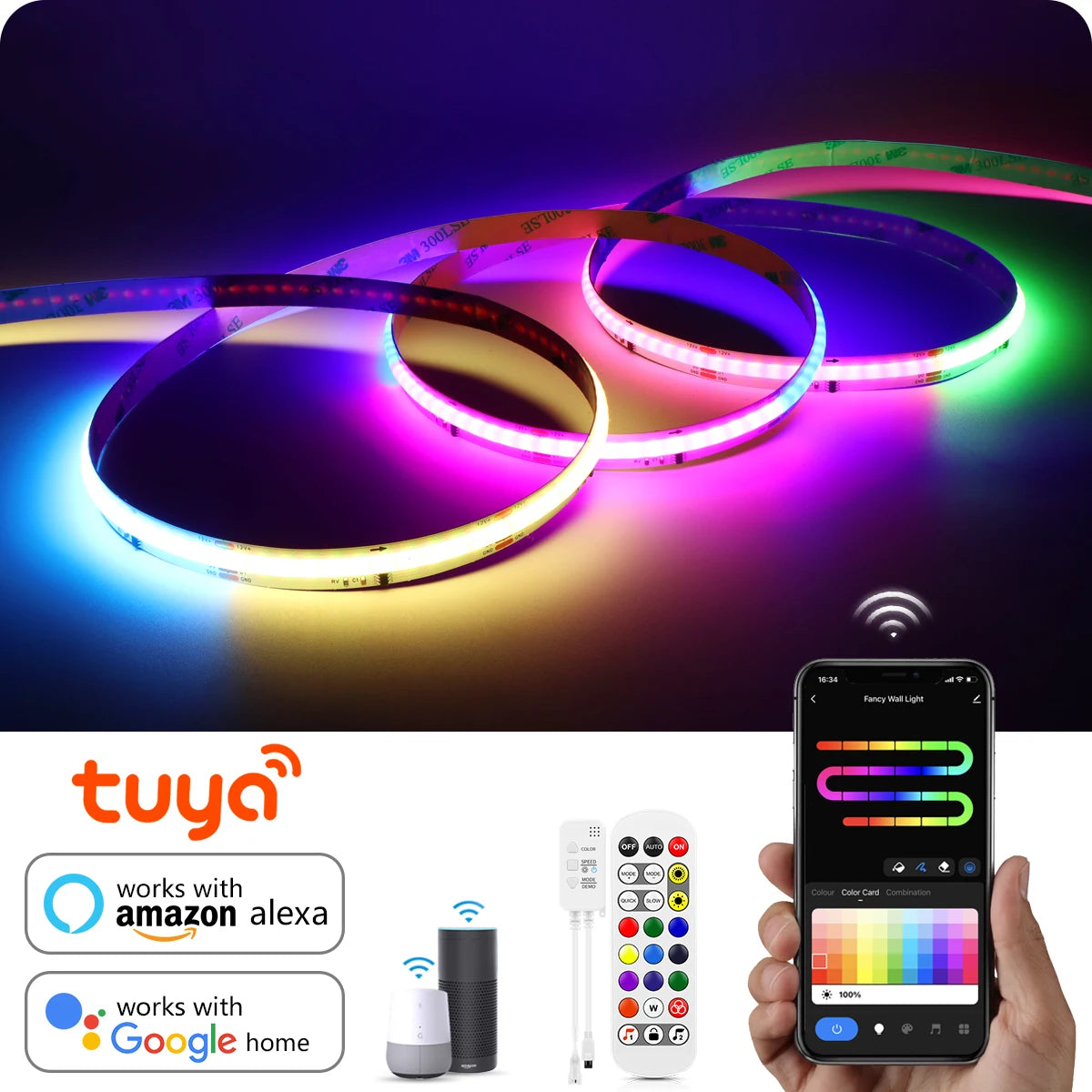 Smart RGBIC COB LED strip lights glowing in room