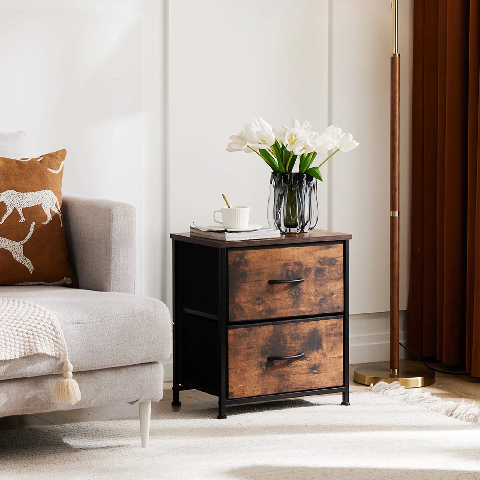 2-Drawer Nightstand – Fabric Bedside Table with Storage