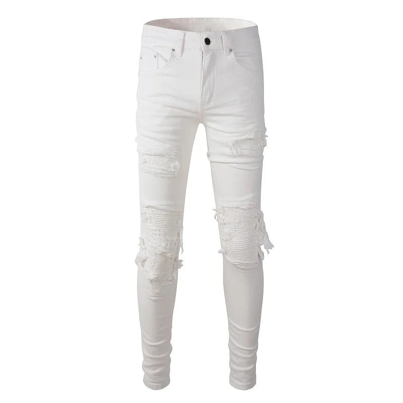 Men's Slim Biker Jeans – White Ribbed-Panel Denim