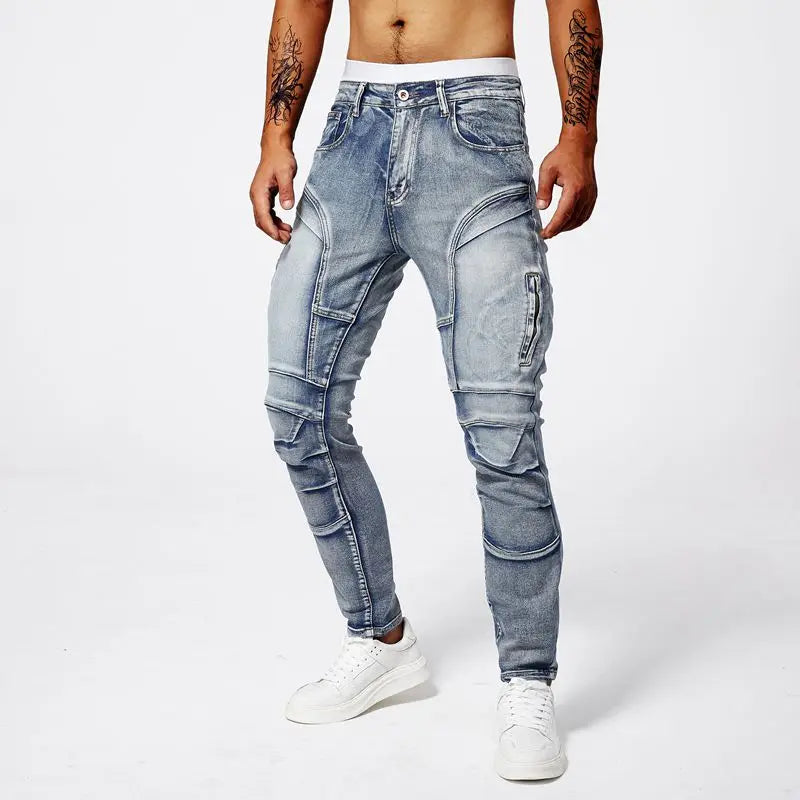 Men's Two-Tone Spliced Jeans – Colorblock Distressed Slim Denim