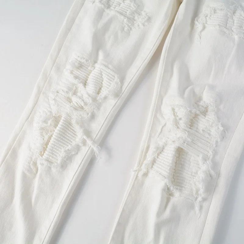 Men's Slim Biker Jeans – White Ribbed-Panel Denim