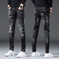 Men's Paint-Splatter Slim Jeans – Black Distressed Streetwear Denim