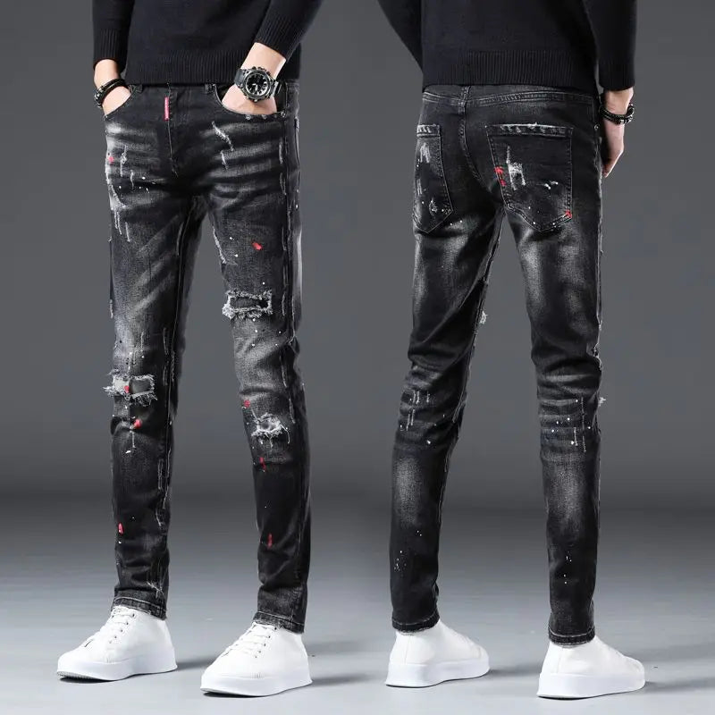 Men's Paint-Splatter Slim Jeans – Black Distressed Streetwear Denim