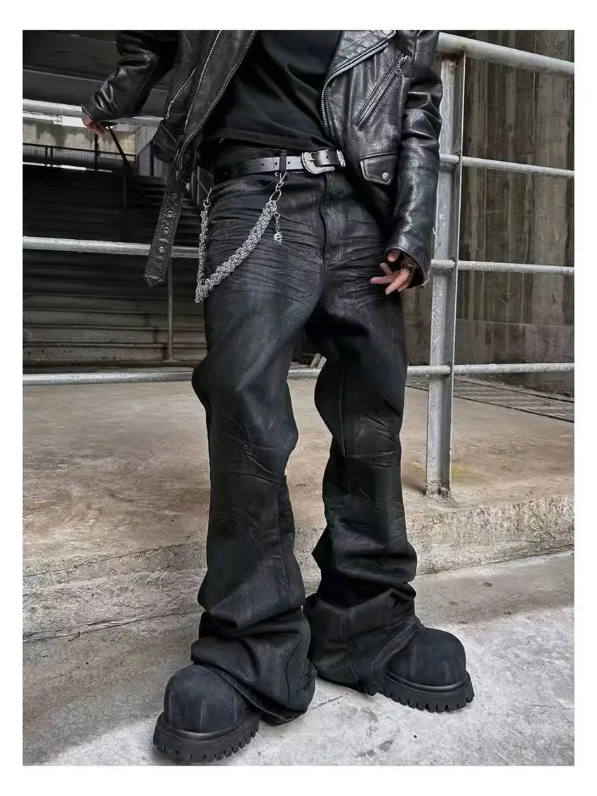 Men's Black Micro-Flare Jeans – Coated Gothic Streetwear