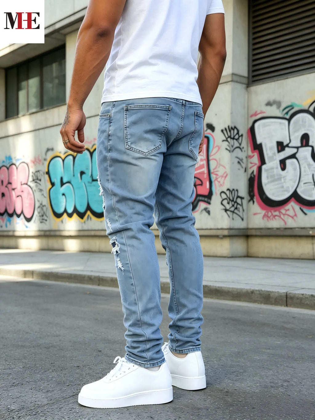 Men's Ripped Slim Jeans – Light-Wash Knee-Rip Denim