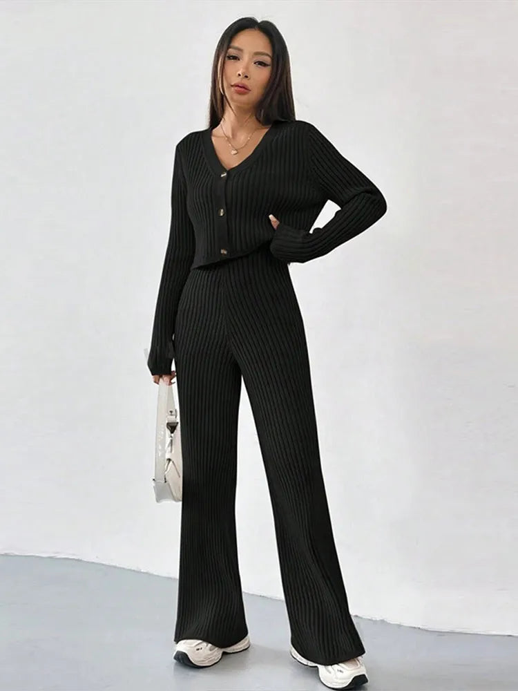 Ribbed Knit Wide-Leg Co-Ord (Cardigan + Pants)