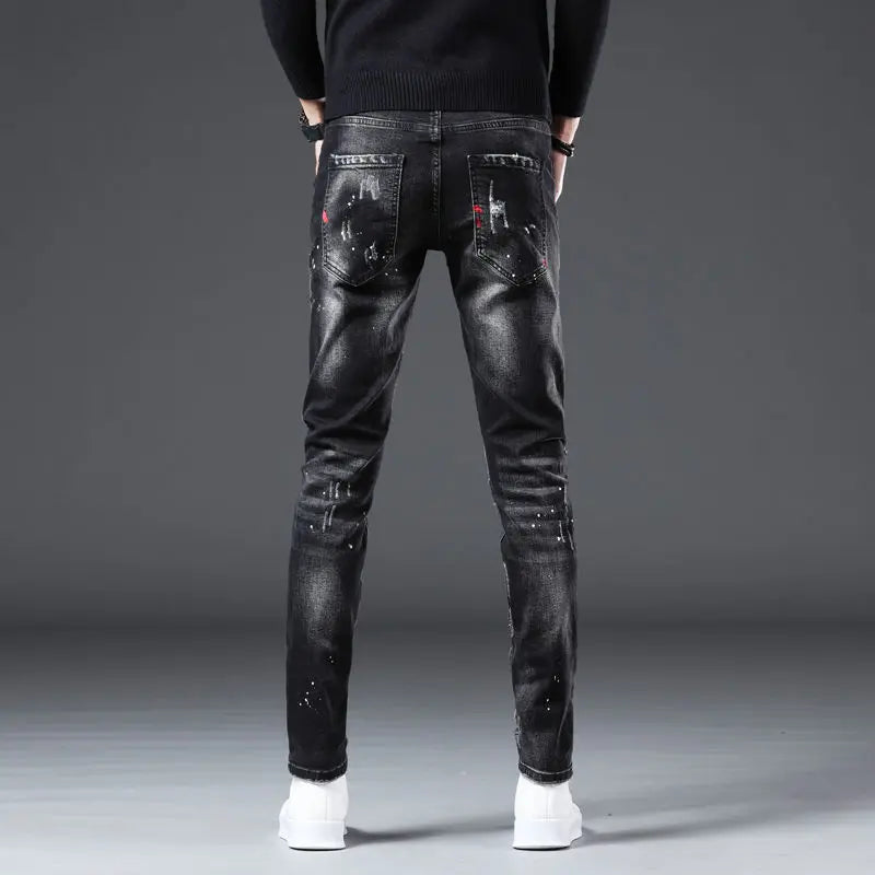 Men's Paint-Splatter Slim Jeans – Black Distressed Streetwear Denim