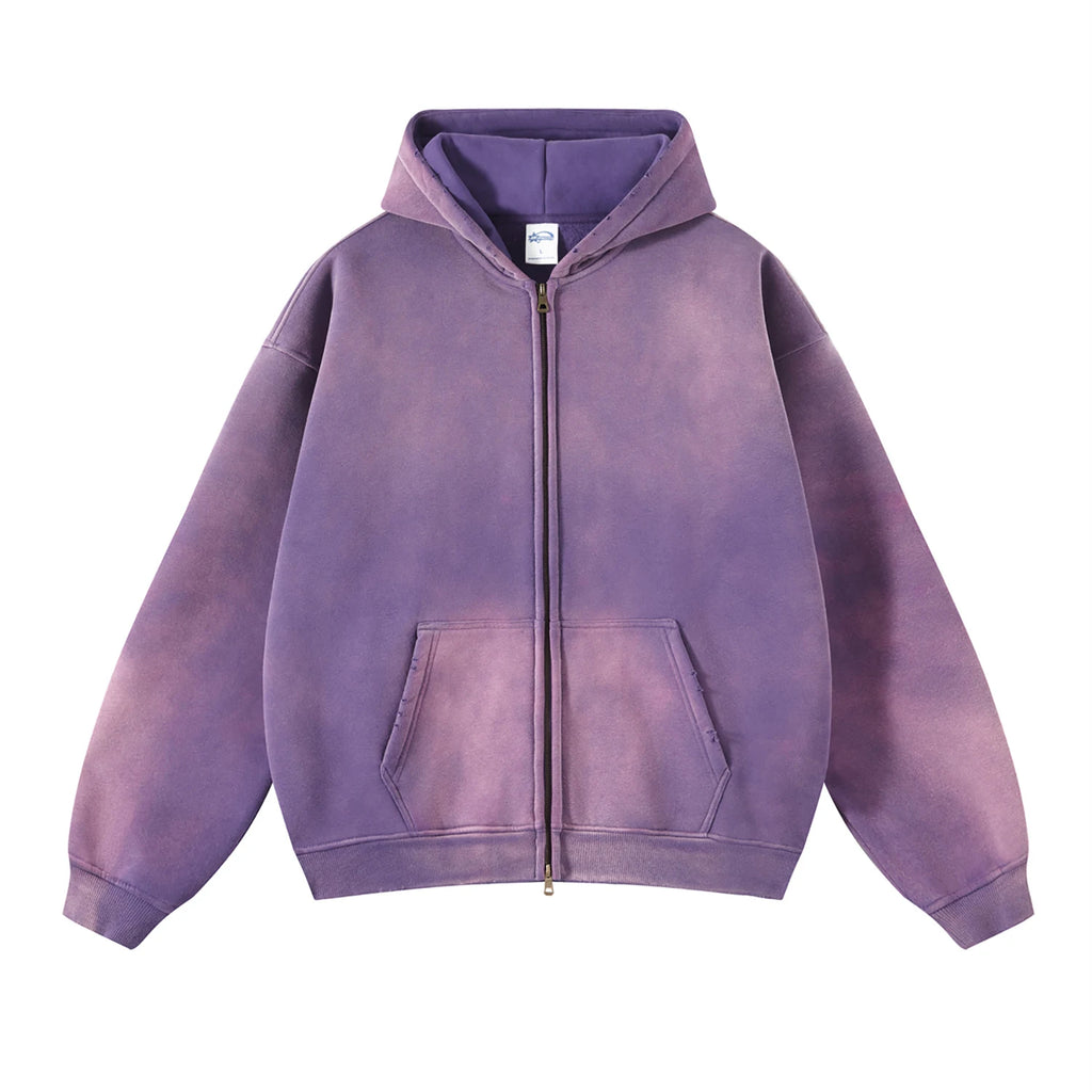 Men's Acid-Wash Zip Hoodie – Gradient Washed Oversized Streetwear