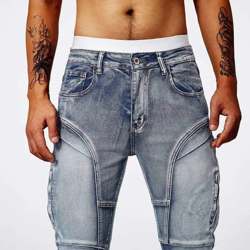 Men's Two-Tone Spliced Jeans – Colorblock Distressed Slim Denim