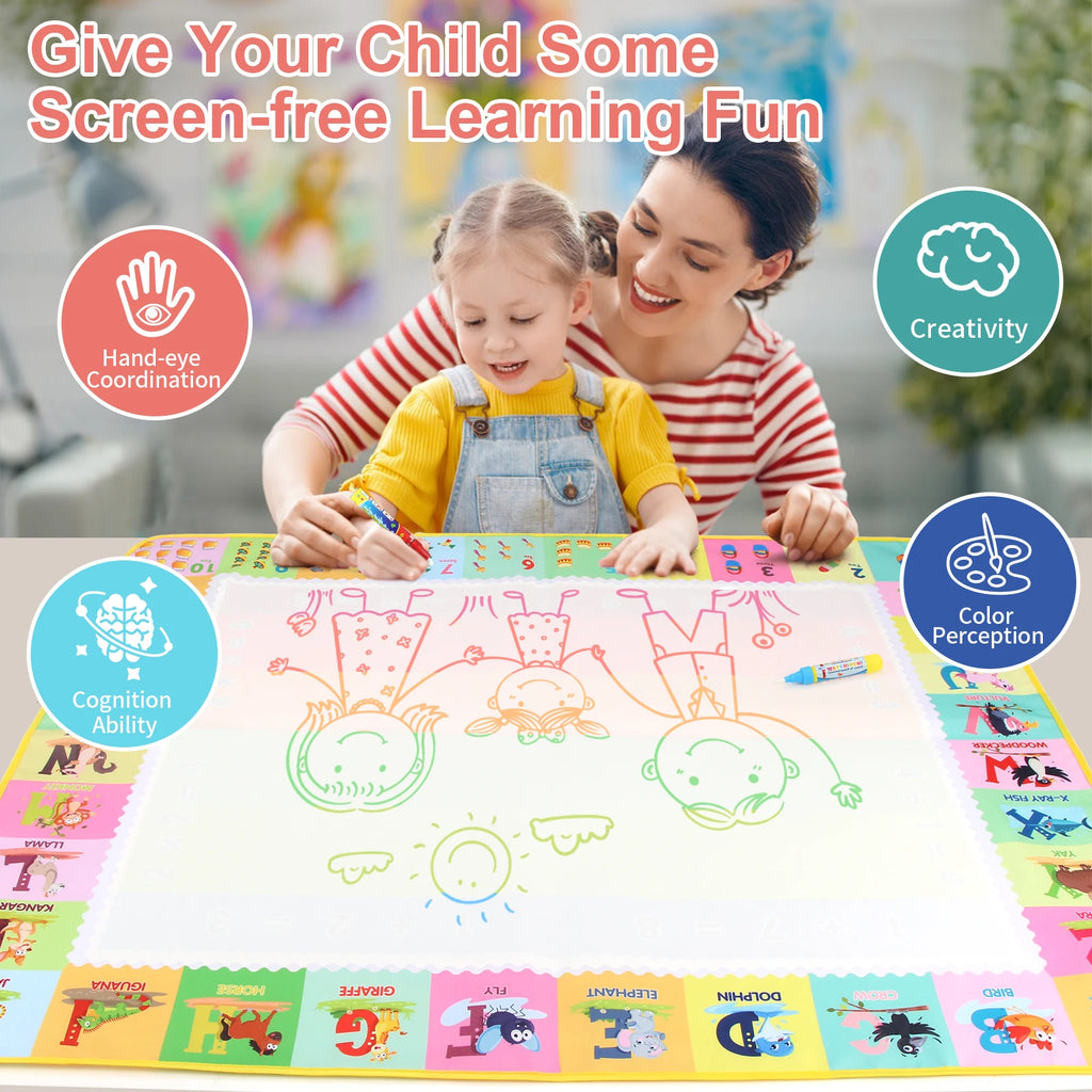 Child drawing on water doodle mat with pen