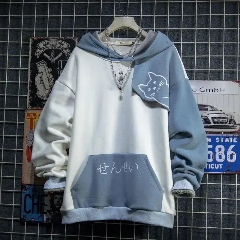 Men's Japanese Streetwear Hoodie – Kanji Cat Print Pullover