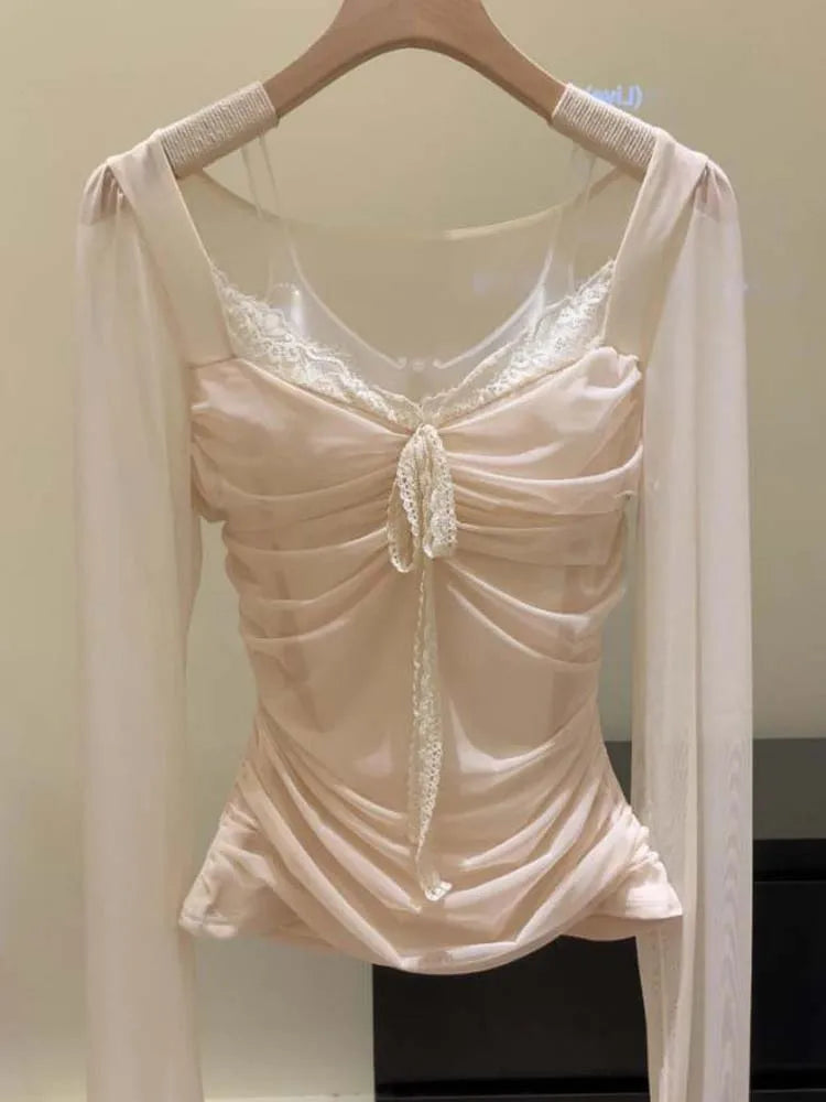 Ruched Sheer Mesh Long-Sleeve Top