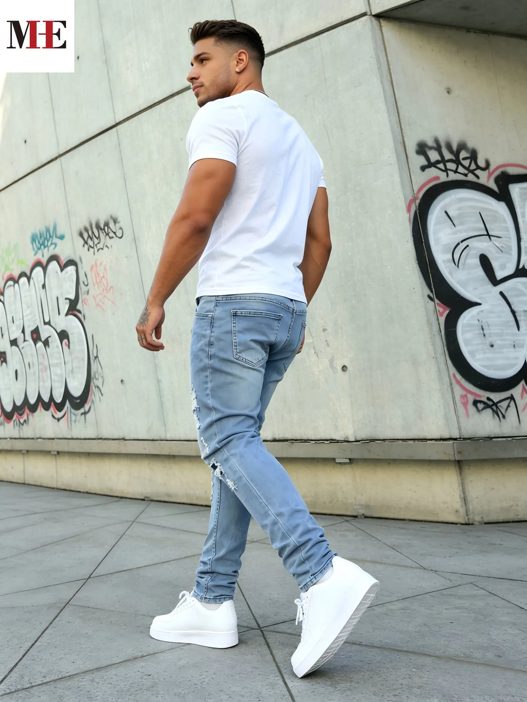 Men's Ripped Slim Jeans – Light-Wash Knee-Rip Denim
