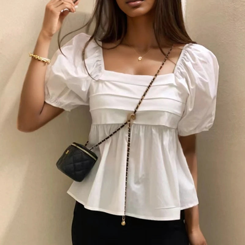 Puff-Sleeve Square-Neck Blouse