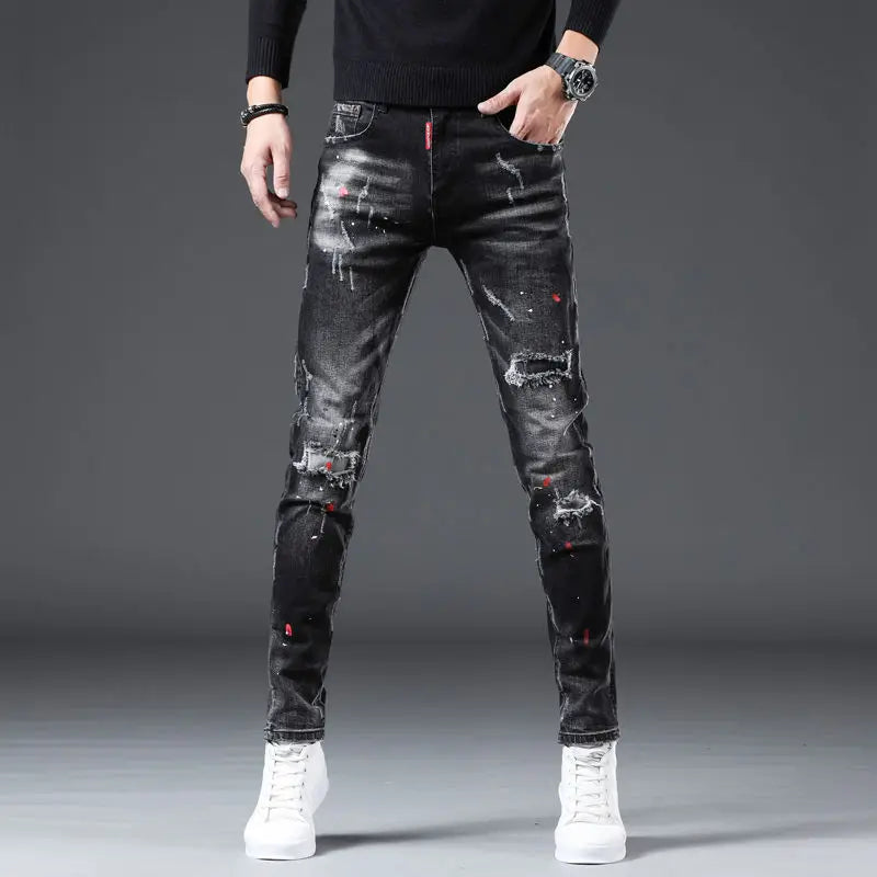 Men's Paint-Splatter Slim Jeans – Black Distressed Streetwear Denim