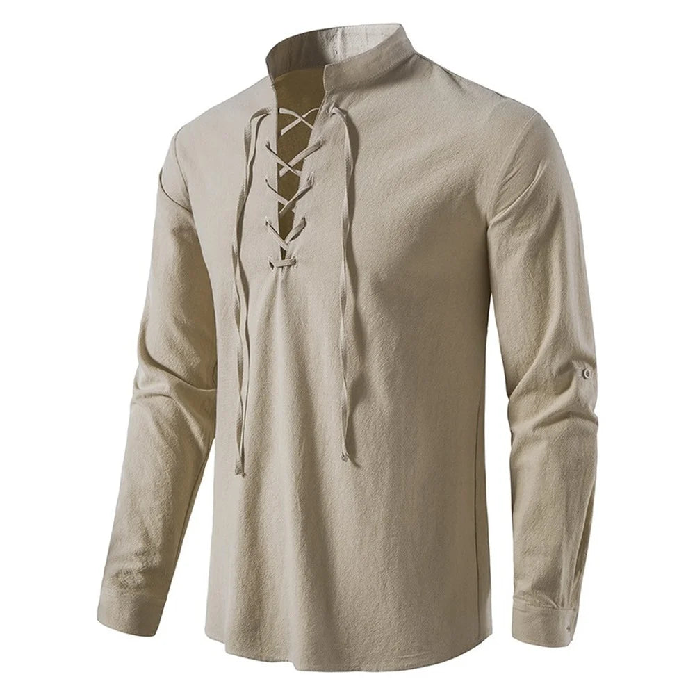 Cotton-linen lace-up henley khaki